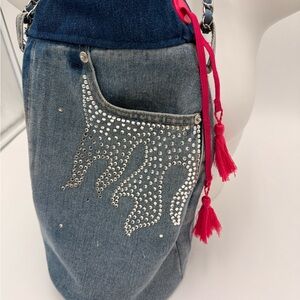 Handmade Denim and Pink Tassel Women's Bag